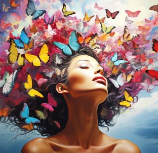 woman with head full of dreams symbolized by colorful butterflies flying in the sky