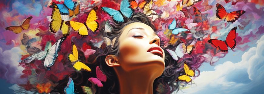 woman with head full of dreams symbolized by colorful butterflies flying in the sky