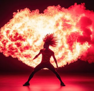 A dancer with wild, soaring hair strikes a powerful pose as dramatic flames burst behind, creating an exhilarating atmosphere of passion and intensity, showcasing both artistry and fire.