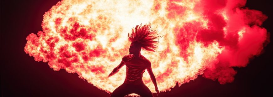 A dancer with wild, soaring hair strikes a powerful pose as dramatic flames burst behind, creating an exhilarating atmosphere of passion and intensity, showcasing both artistry and fire.