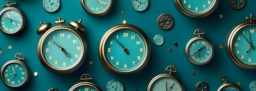 Seamless pattern with vintage alarm clocks on blue background. 3D rendering