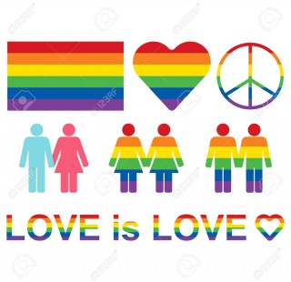 Rainbow LGBT rights icons and symbols. LGBT figures and heterosexual couple.