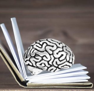 Miniature human brain steel model lying inside an open book against a wooden table background. Mind exercising concept.