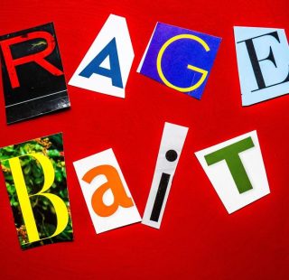 "Rage Bait" is spelled out in ransom note style typography, USA 2026